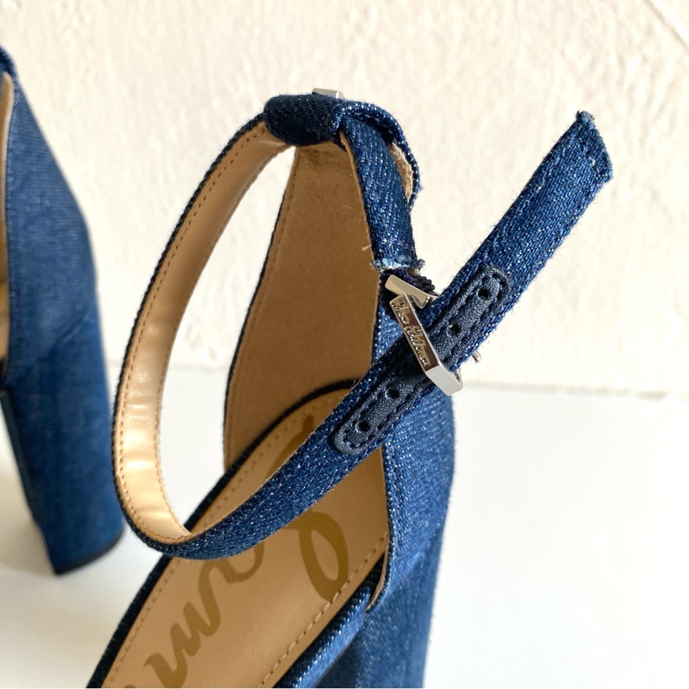 Sam Edelman Yaro Shoes 8 Navy Blue Denim Ankle Strap Block Heels Open Toes NWOT - Picture 6 of 16